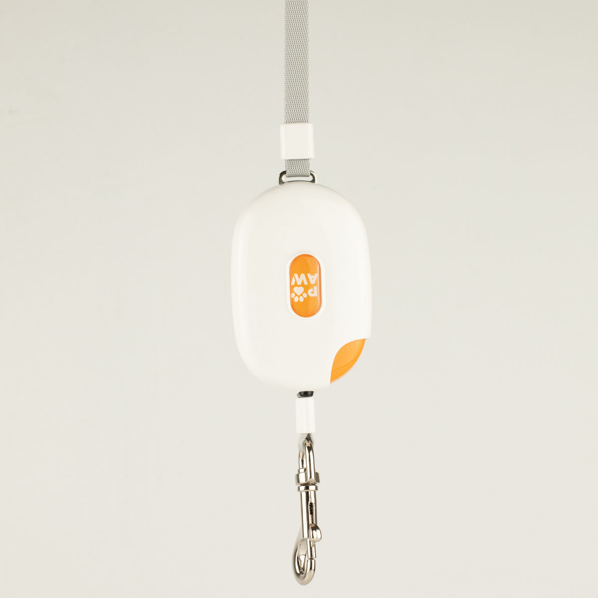 Paw Pocket Pod white retractable lead with orange detail, strap and metal clip