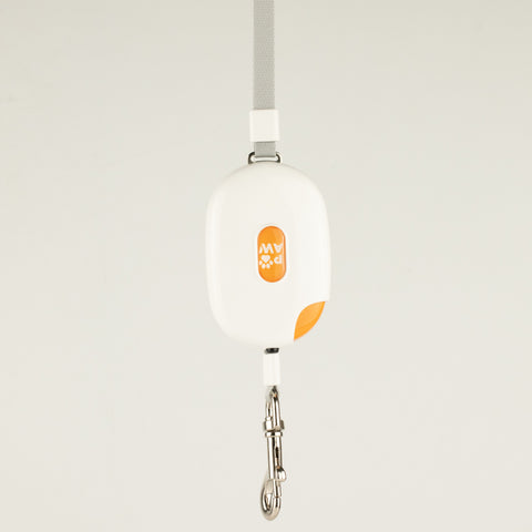 Paw Pocket Pod white retractable lead with orange detail, strap and metal clip