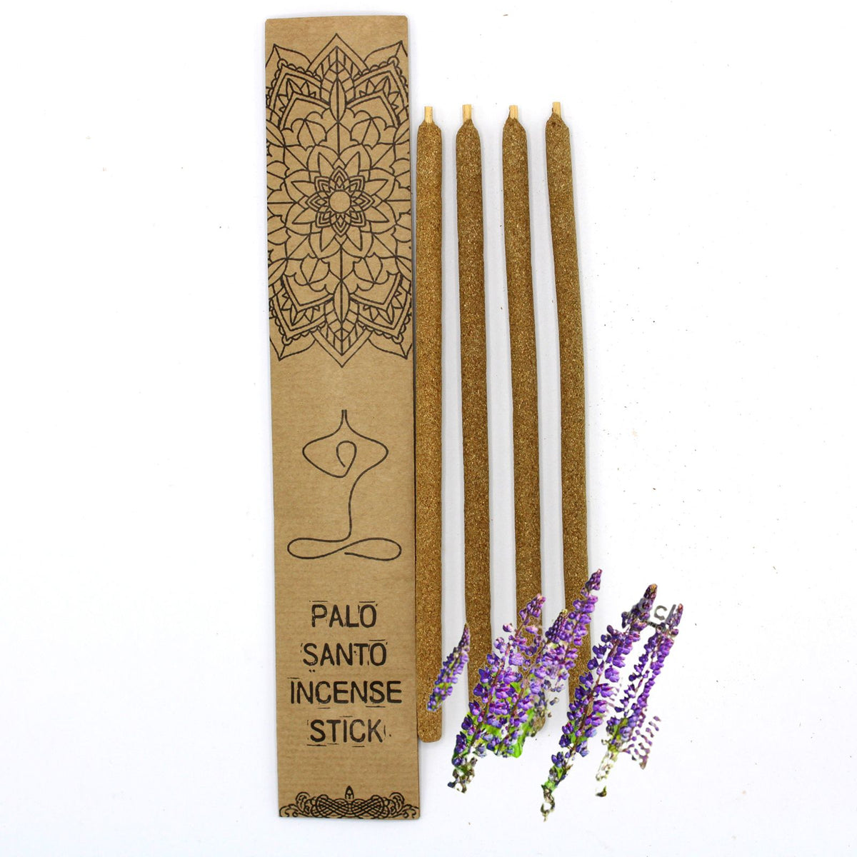 Palo Santo Large Incense Sticks, Chipre, four brown sticks beside a patterned cardboard box and purple flowers