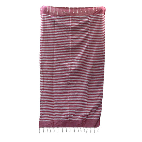 Hot pink Cotton Pario Throw hanging open against white, showing fine stripes and fringed edges