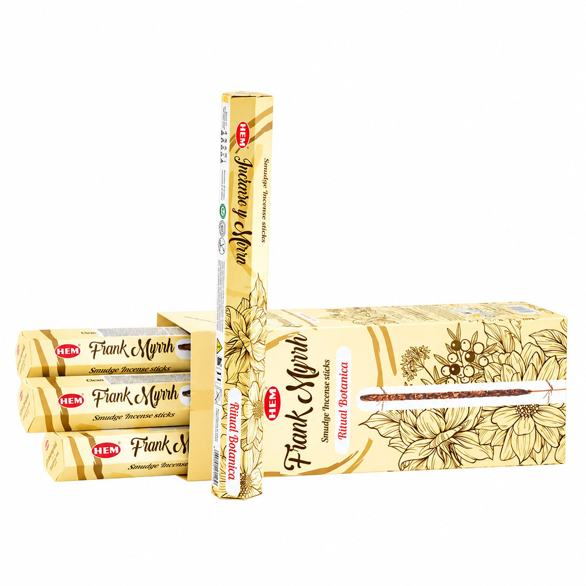 HEM Frank Myrrh incense packs and a stick