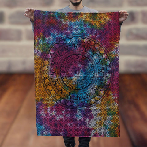 Cotton Wall Art, Mandala Elephant held up by a person, showing its colourful circular pattern