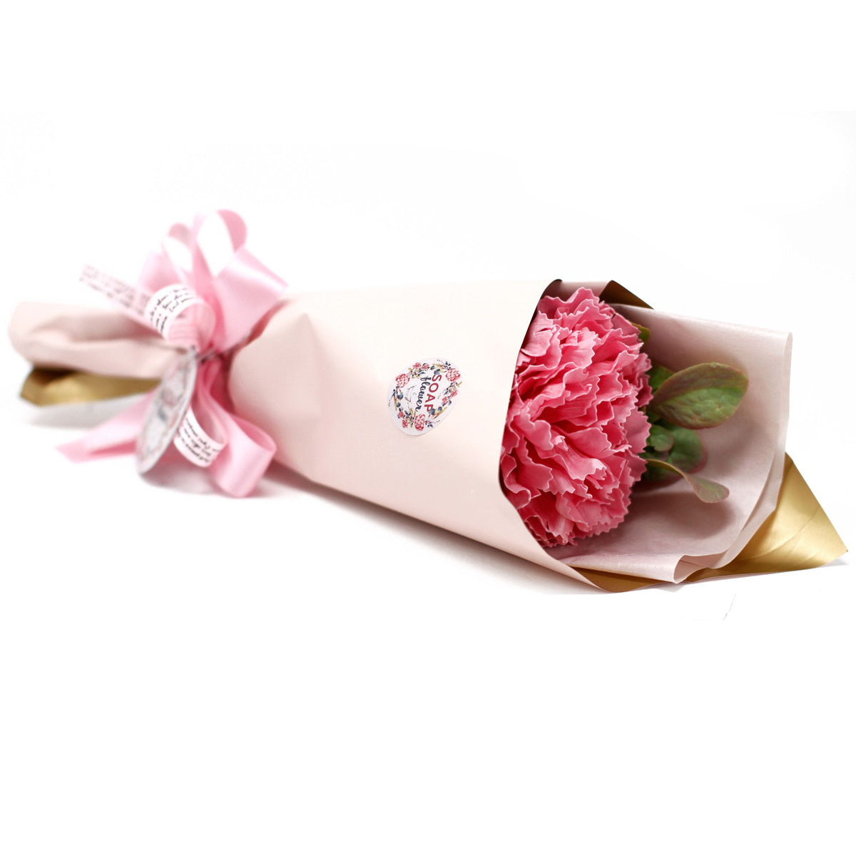 Soap Flower Carnation Bouquet wrapped in pink paper with a ribbon bow