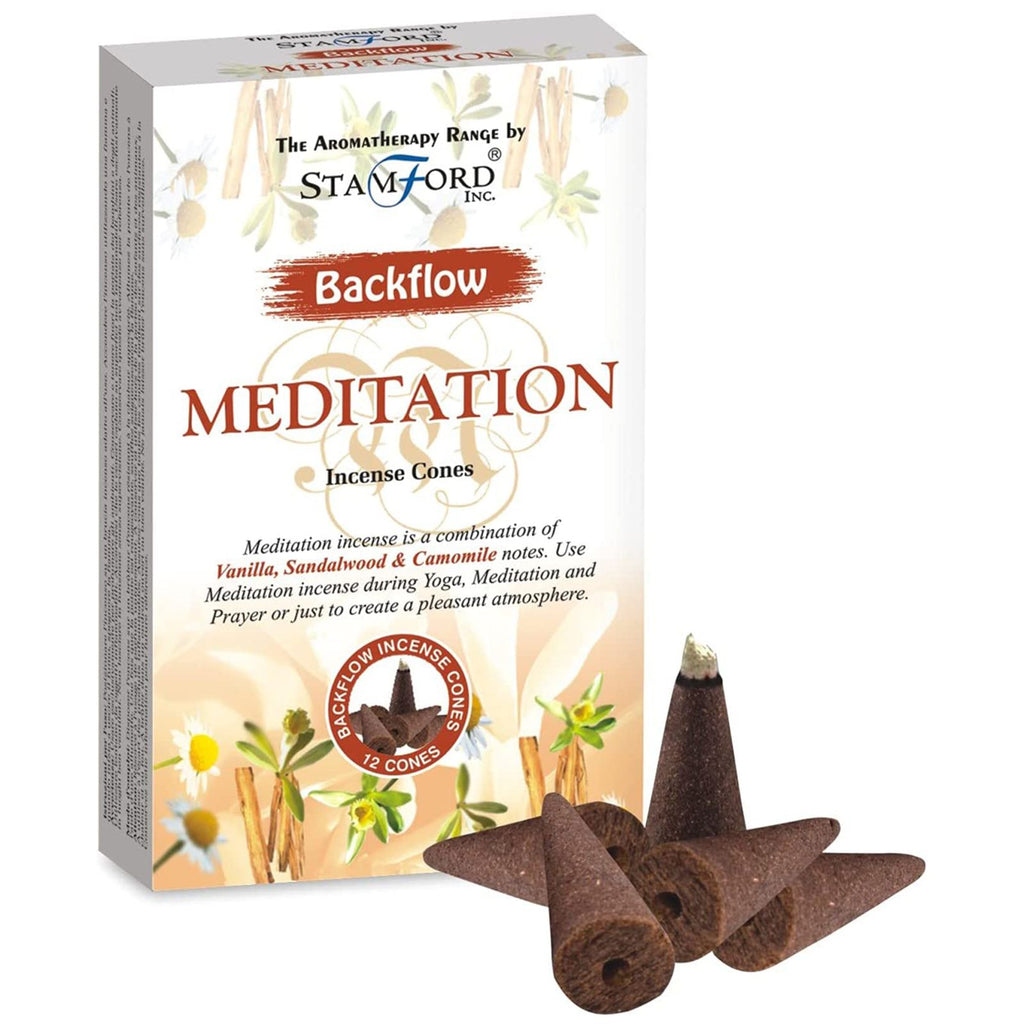 A box of Meditation backflow incense cones with loose cones beside it.