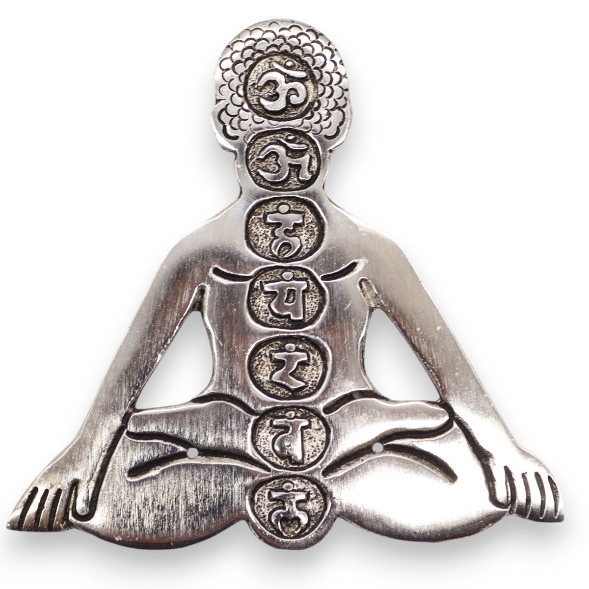 Close-up front view of the silver-toned seven chakra yoga incense holder on a white background