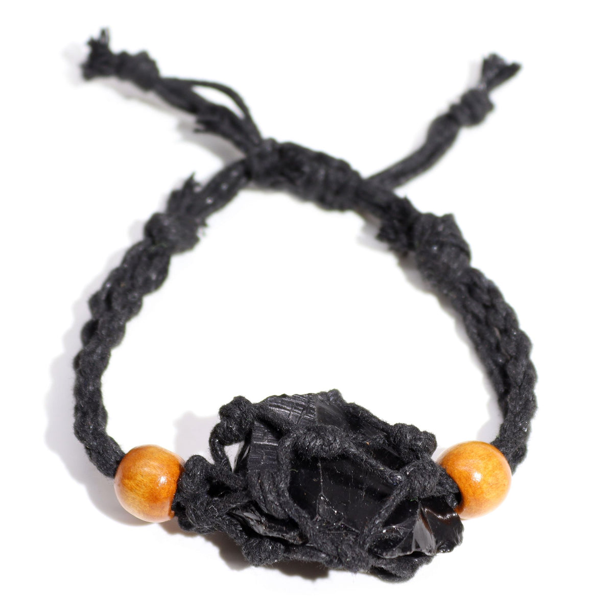 Gemstone Bracelet Cord, Black, close view of the braided loop with orange beads and a dark centre