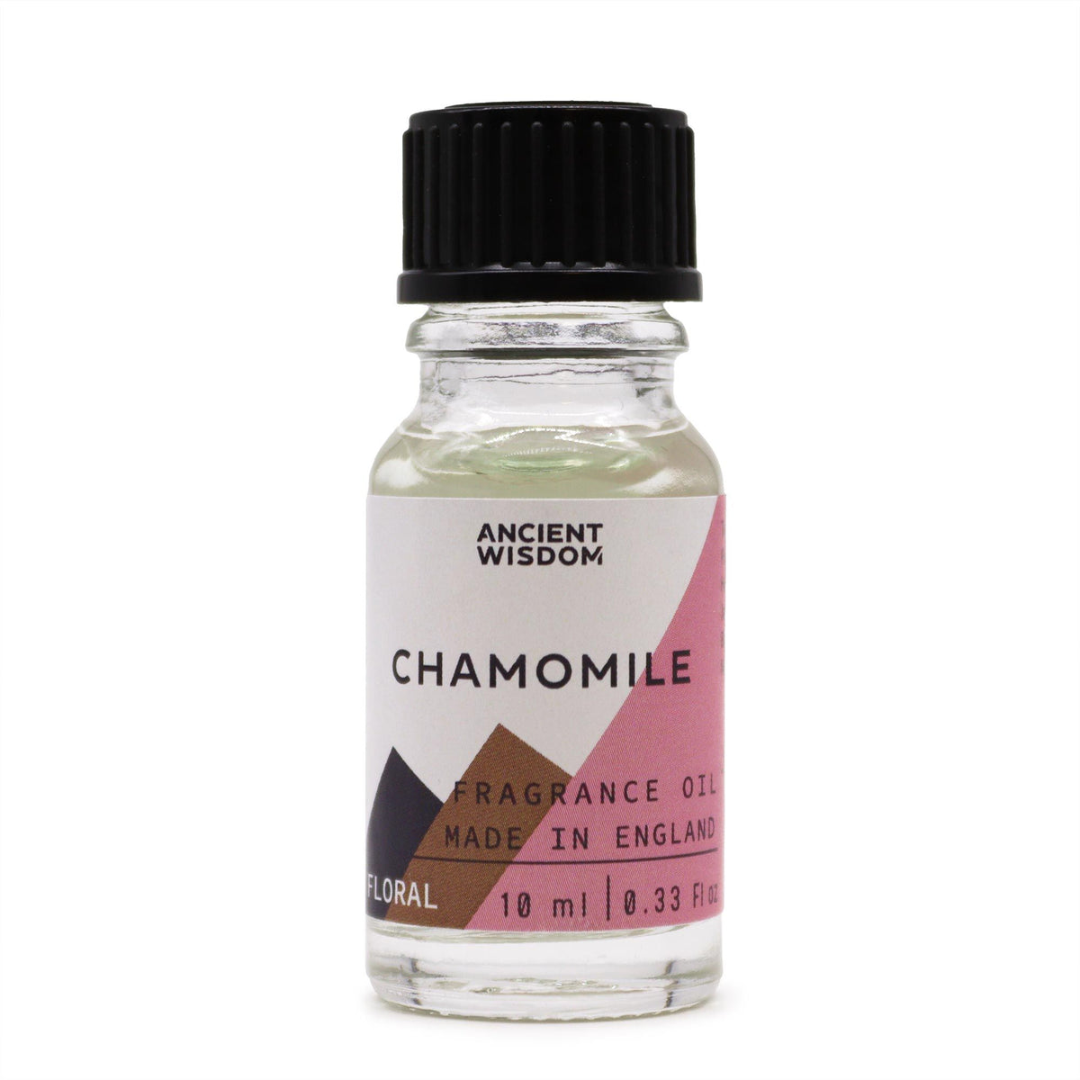 10ml Chamomile Fragrance Oil in a clear glass bottle with a black cap and pink label, front view