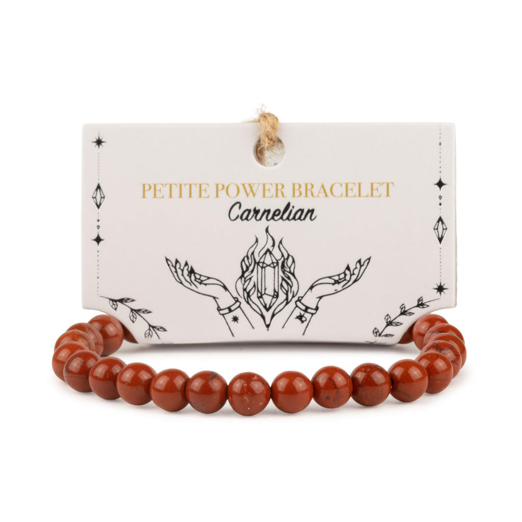 Petite Carnelian bracelet with polished red beads and illustrated card