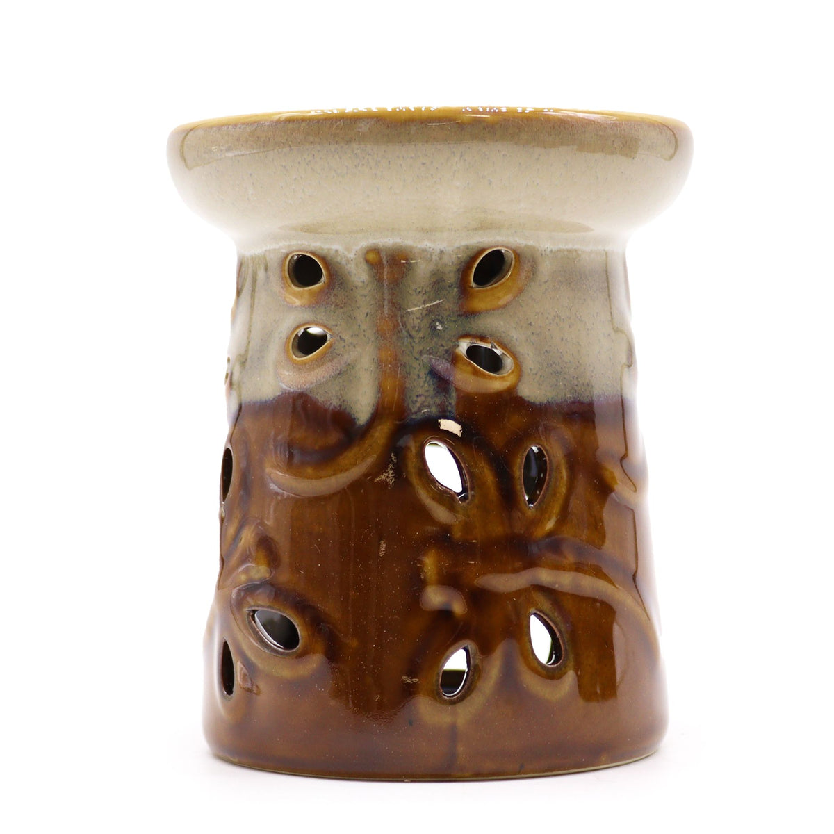 Two-tone brown and cream ceramic oil burner with dragonfly cut-out holes