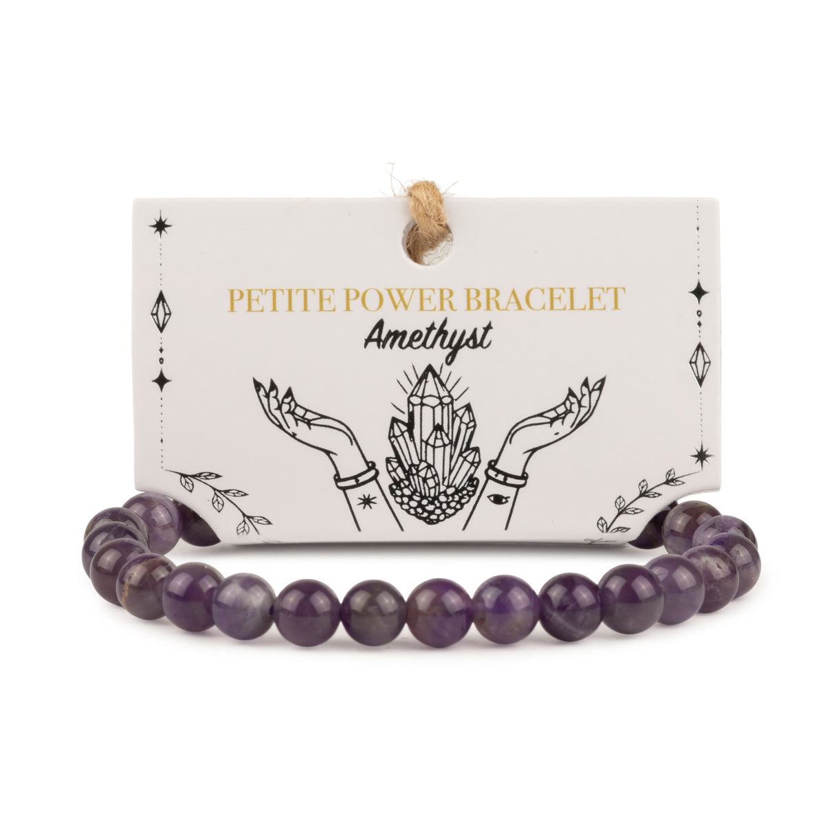 Amethyst bracelet with purple beads and illustrated presentation card