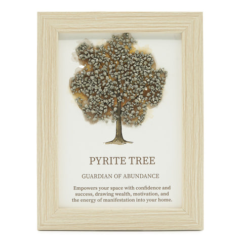 Gemstone Picture, Tree of Life, Pyrite, front view in a pale wood frame on a white background