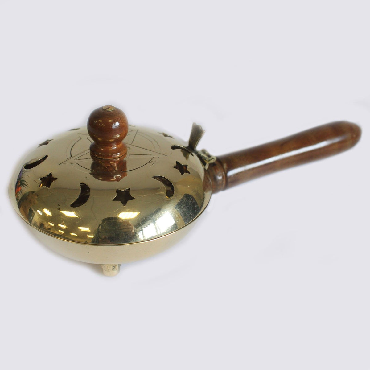Pentagram Incense Butler, polished brass bowl with moon and star cut-outs, wooden knob and long handle