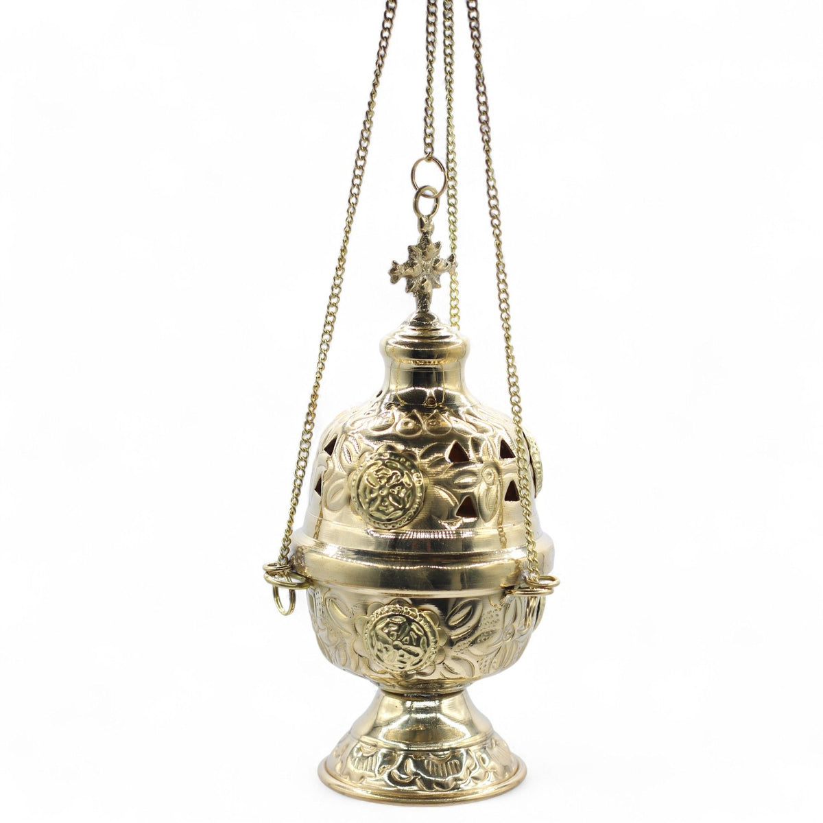 Hanging brass incense burner closed and upright against a plain white background