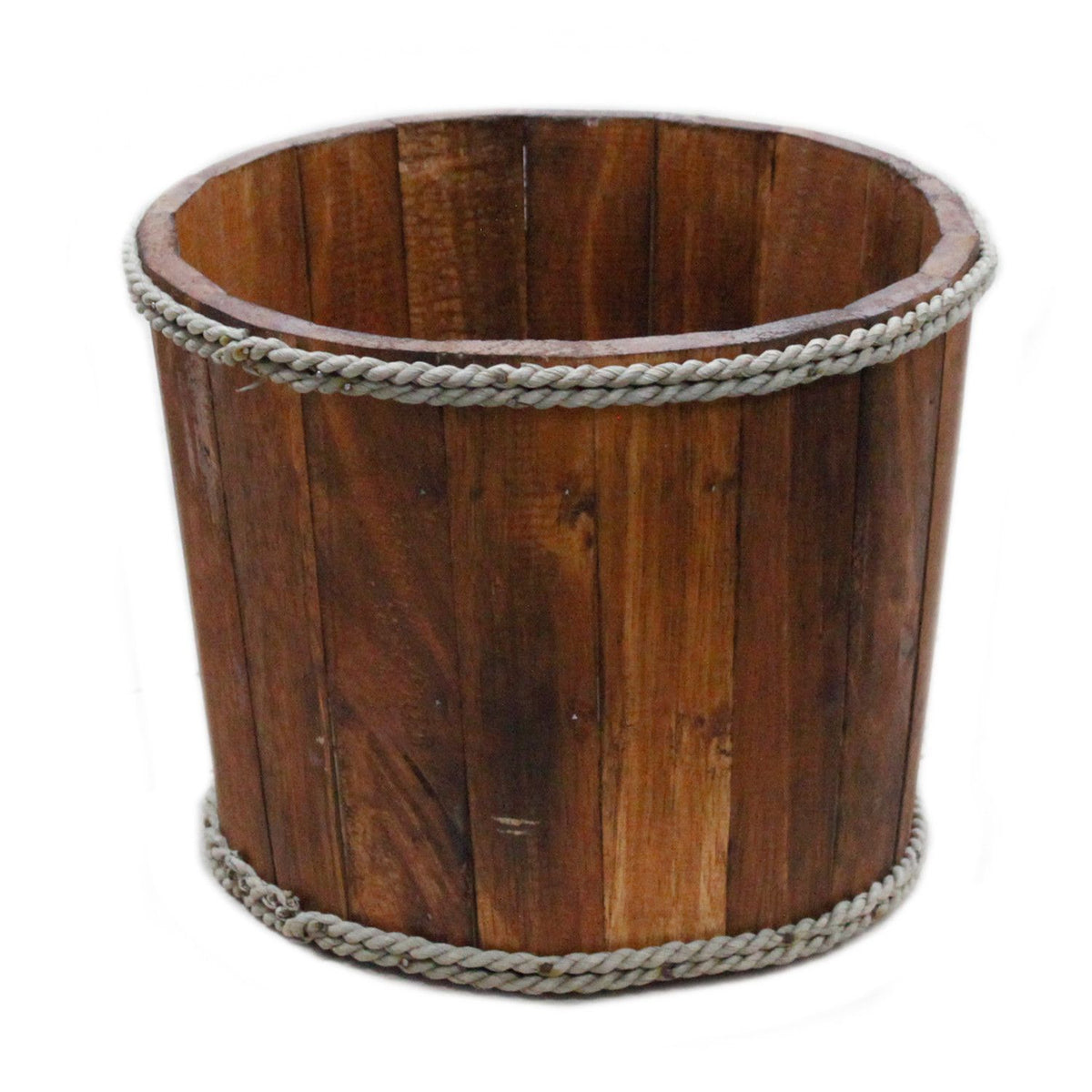 Brown wooden storage tub shown empty against a plain white background, viewed from above