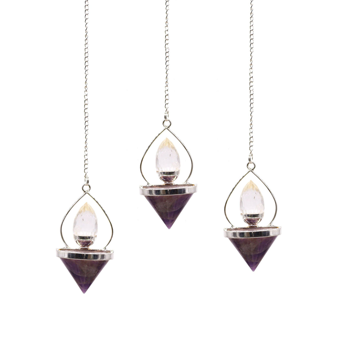 Gemstone Lantern of Life Pendulum, Amethyst & Rock Quartz, three pendulums hanging on chains