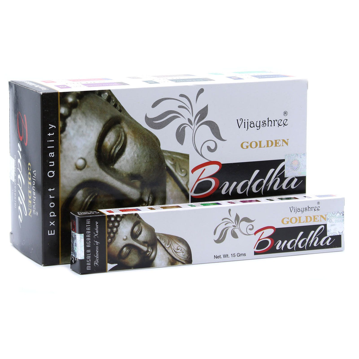 15g Golden Buddha Incense in white and black boxes, with a close-up Buddha image and gold lettering