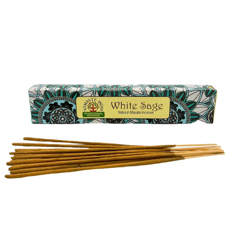 White Sage incense box shown behind a loose bundle of brown sticks on a white background