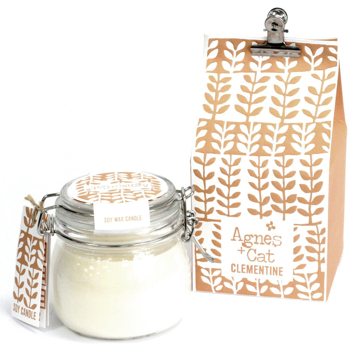 Agnes + Cat Kilner Jar Candle, Clementine in a clear glass jar with a patterned label and tag