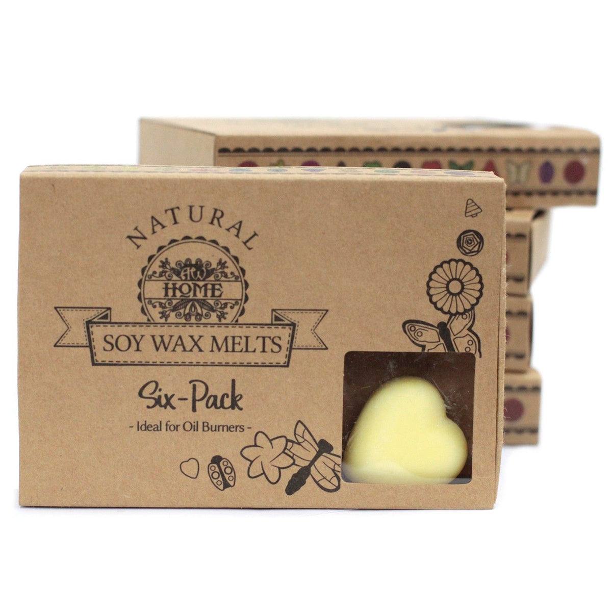Box of 6 Wax Melts, Brandy Butter, brown cardboard box with a heart-shaped wax melt visible through the window