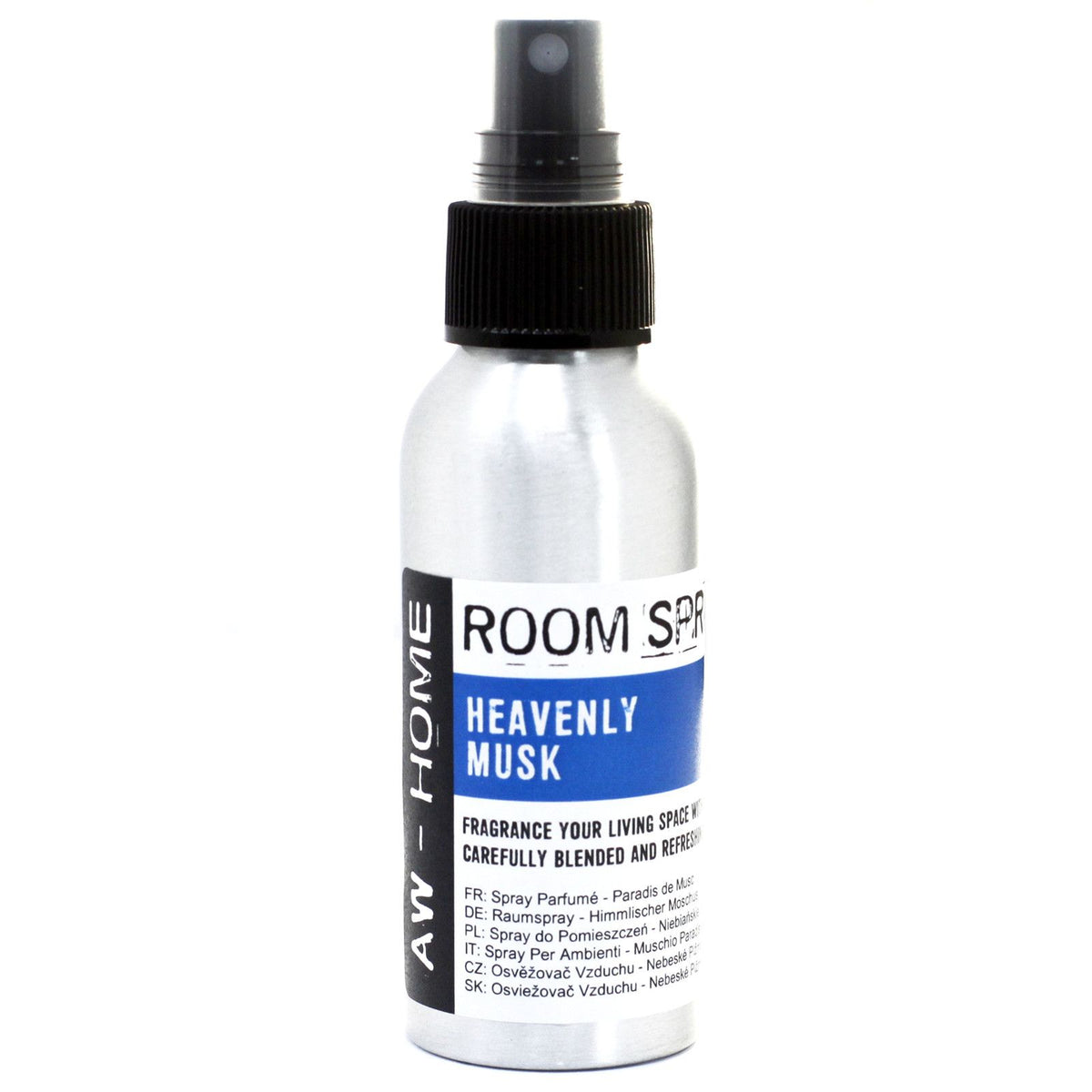 100ml Room Spray, Heavenly Musk in a silver bottle with a black spray top, upright against white