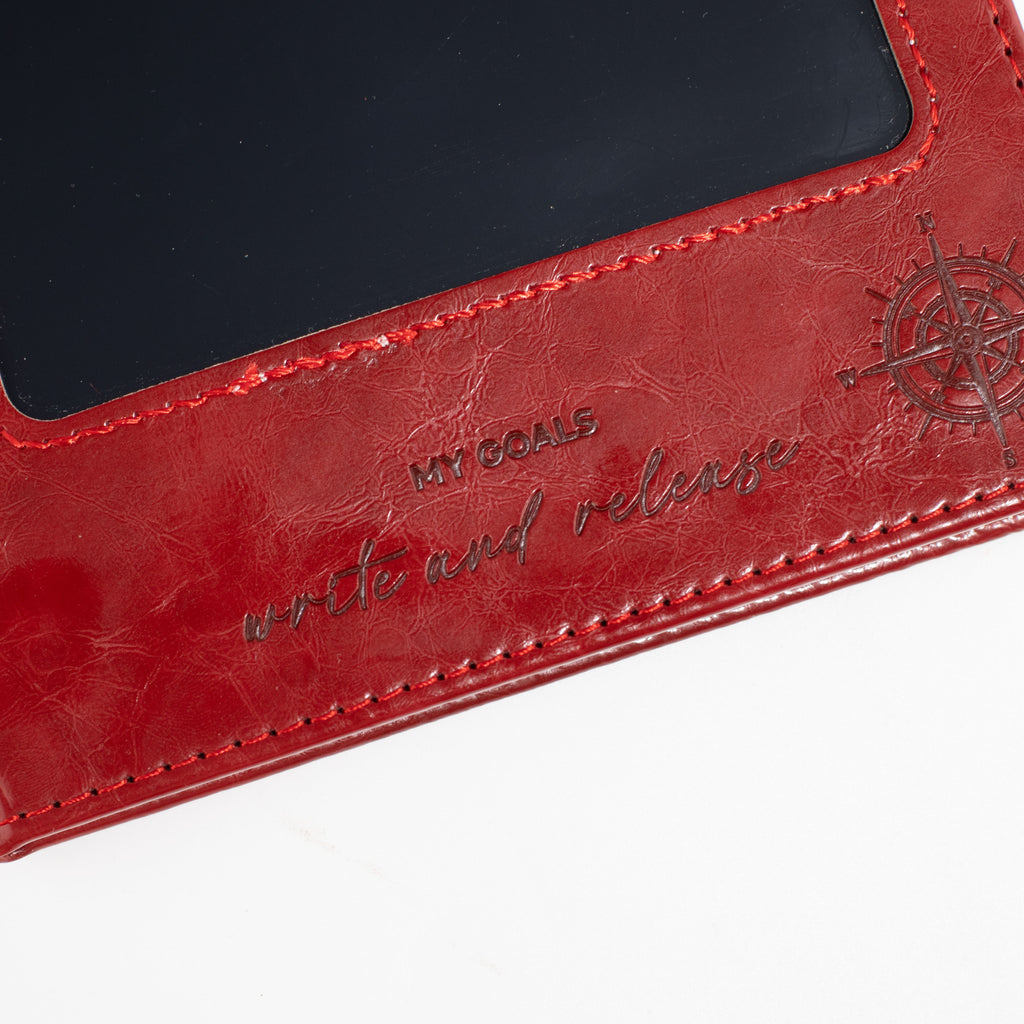 Close-up of the red cover’s wording and compass design