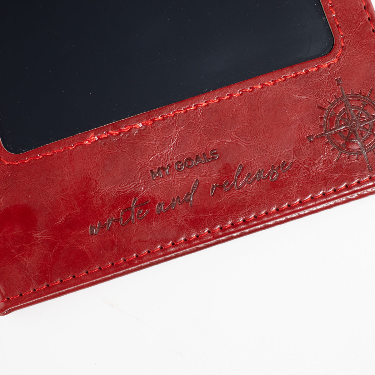 Close-up of the red cover’s wording and compass design