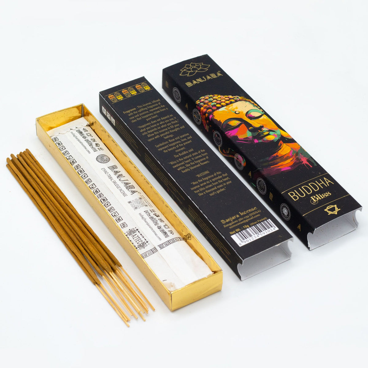 Banjara Buddha, Bliss incense with loose brown sticks, an open yellow tray and two black boxes
