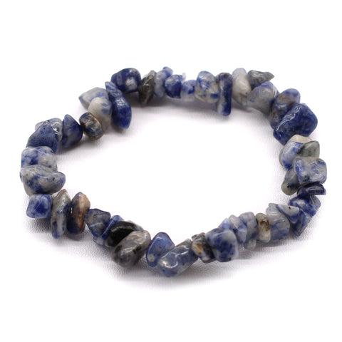 Sodalite chip bracelet arranged in a full circle, showing blue, white and grey stones on white