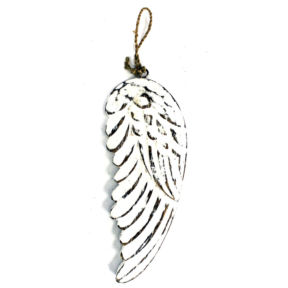 White angel wing hanging by a loop against a plain white background