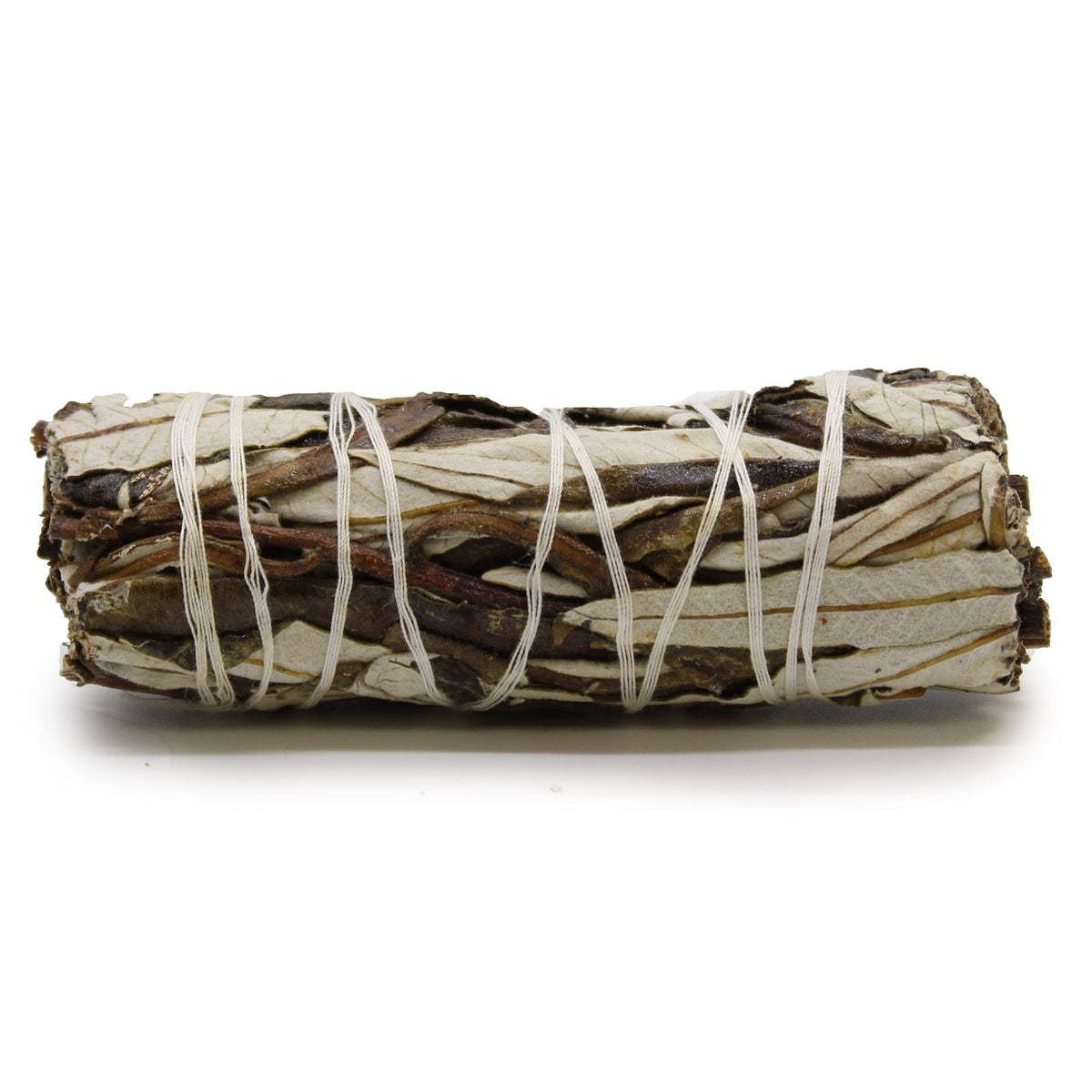 Smudge Stick, Yerba Santa Sage 10cm, pale leaves bound with white string, shown from the side