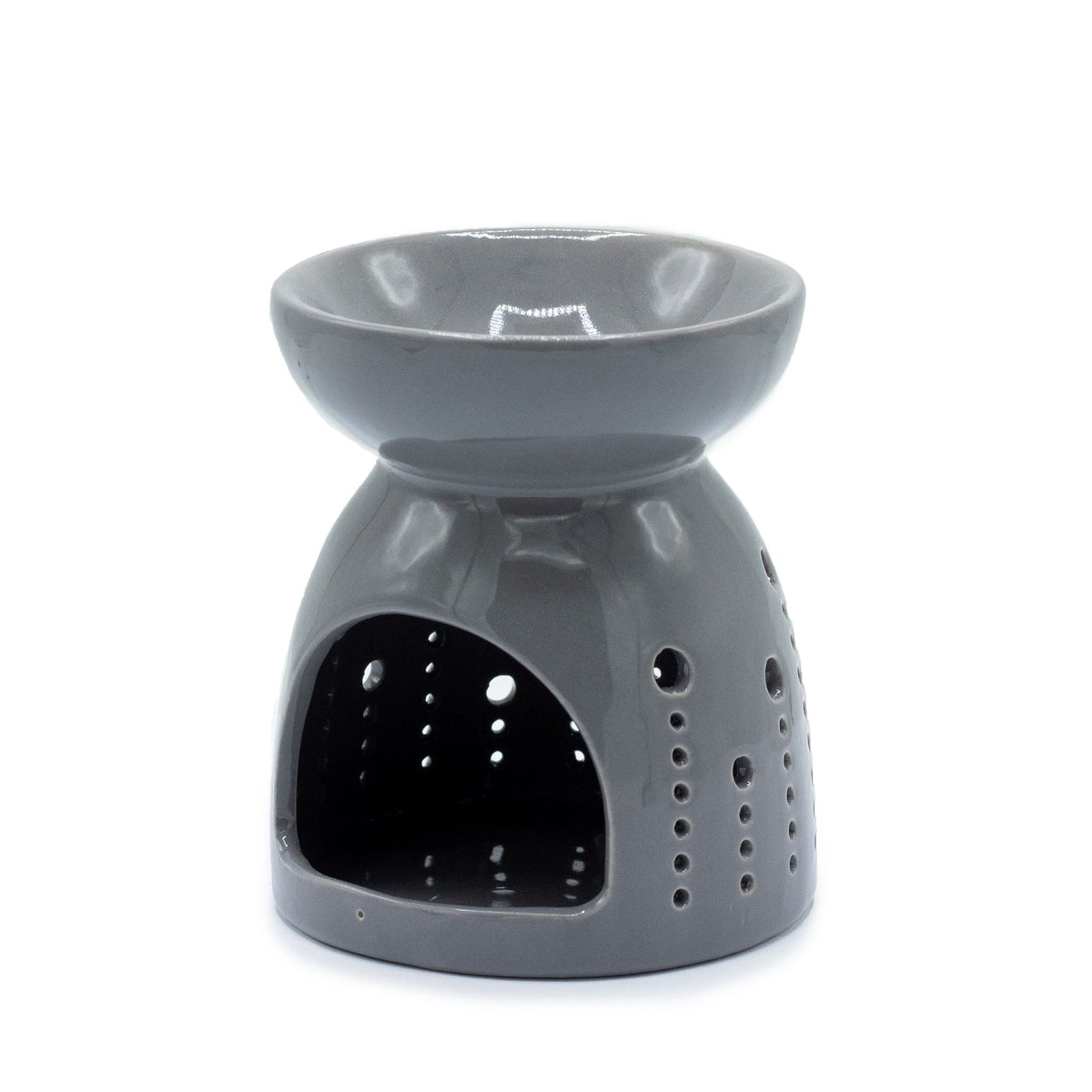 Classic Oil Burner, Bubbles Cutout, Grey with a top dish and large arched opening, shown from the front