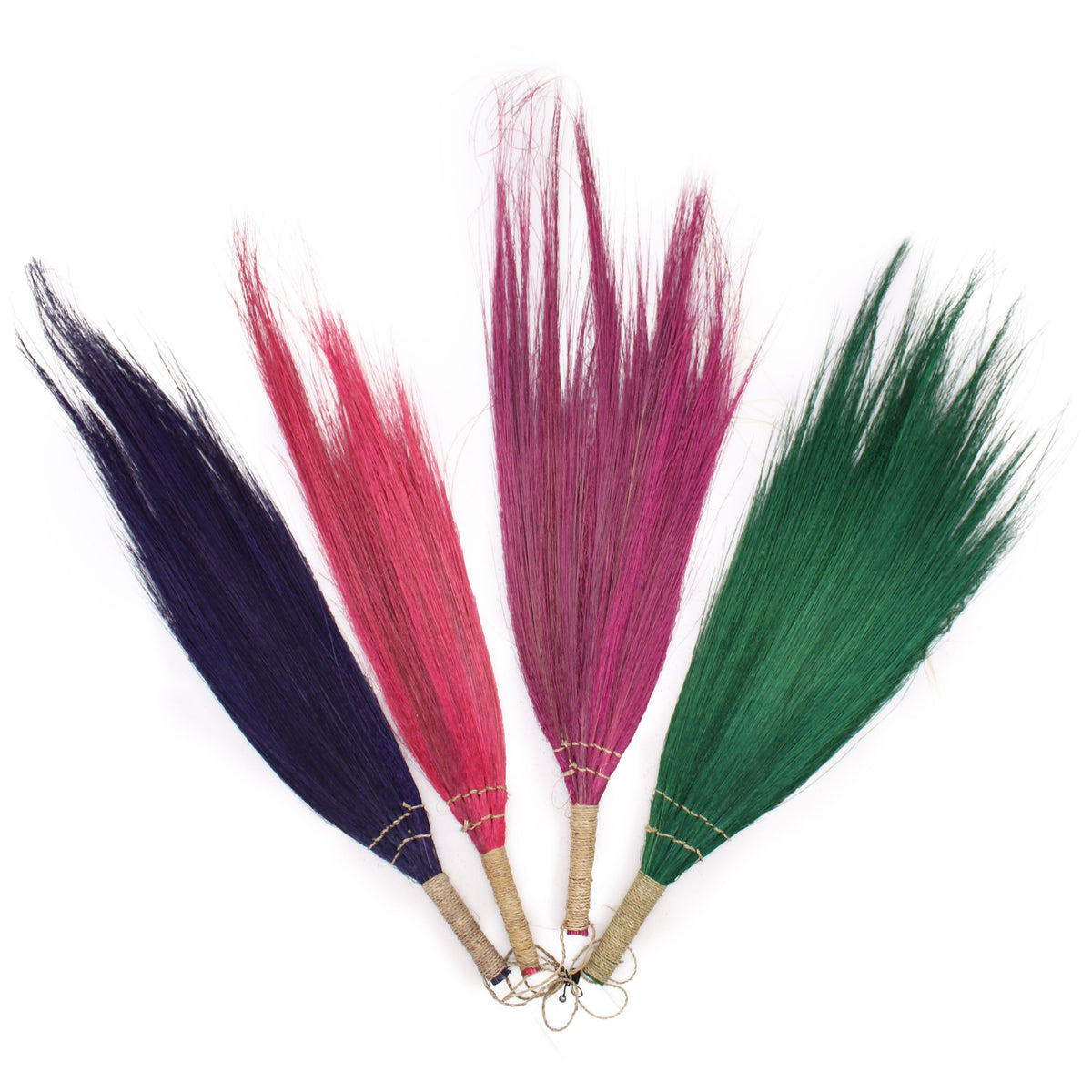 Pampas long brooms in purple, red, pink and green, fanned out against white