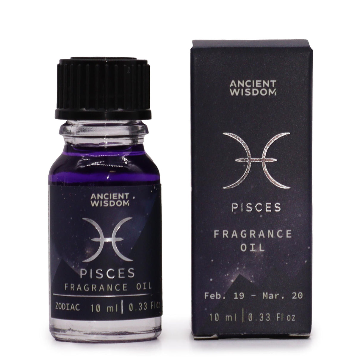Pisces zodiac fragrance oil bottle in dark purple glass next to its star-sign gift box