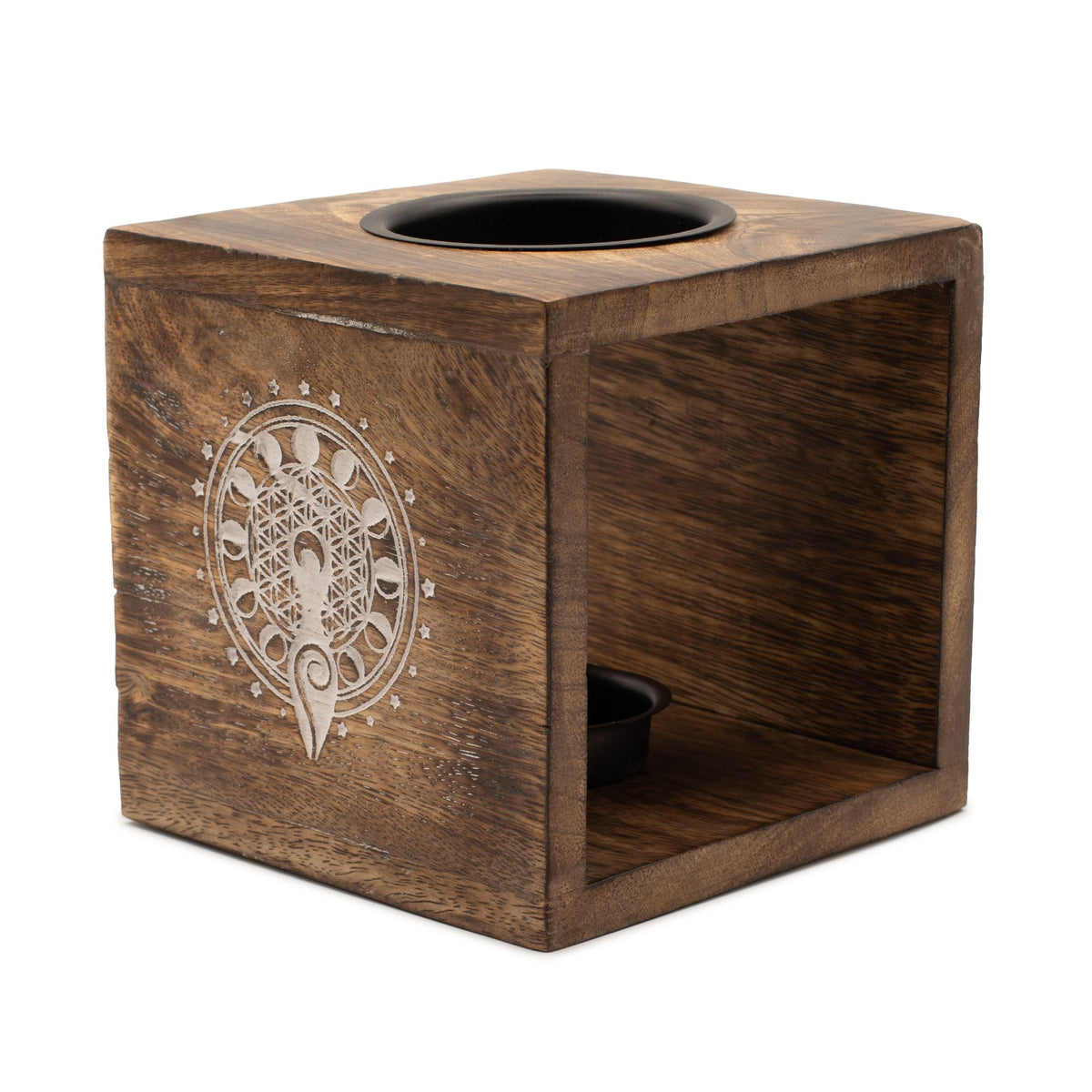 Large Square Mango Wood Oil Burner, Moon Goddess, brown cube with a carved motif and open side