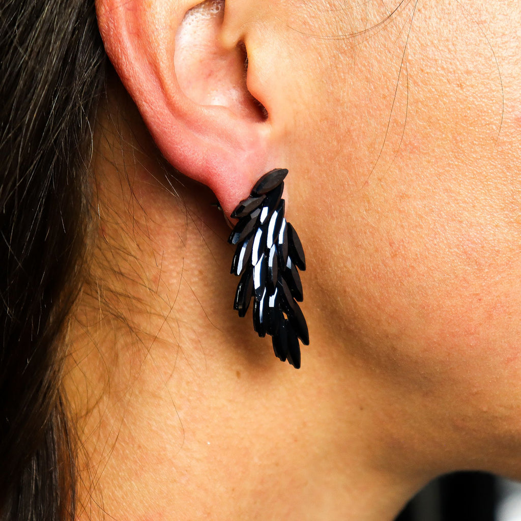 Jet Black - Vintage Glass - Angel Wings - Earrings