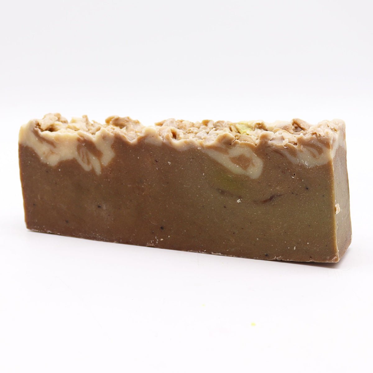 Chocolate olive oil soap bar shown alone from the front, with a textured pale top and brown sides