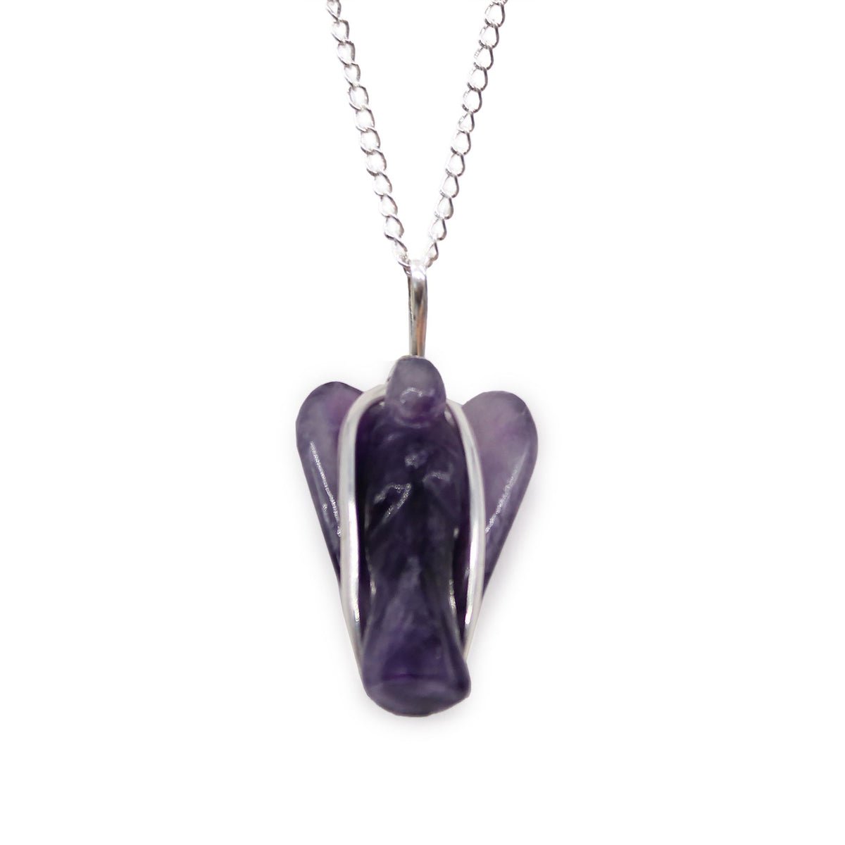 Amethyst angel pendant shown close up on a silver-coloured chain against a white background
