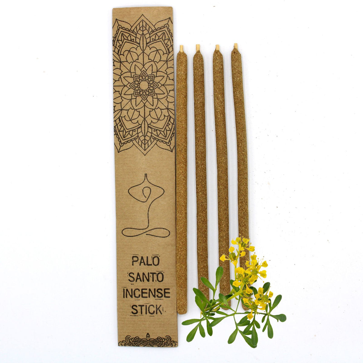 Palo Santo Large Incense Sticks, Ruda, four brown sticks beside a patterned cardboard sleeve and green sprigs