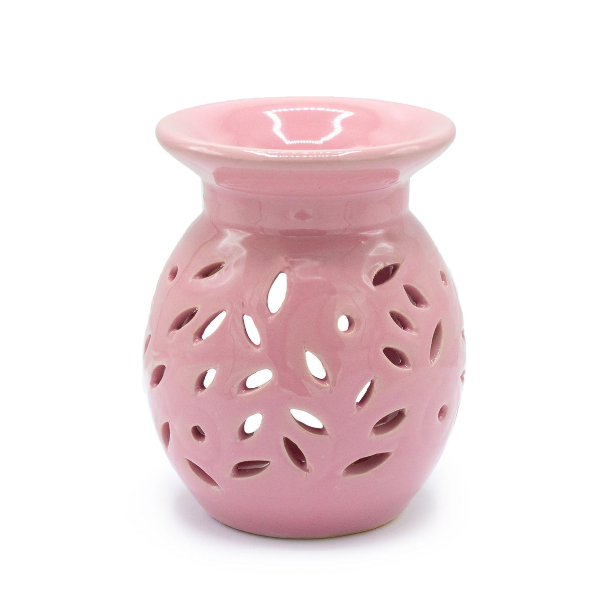 Floral Oil Burner, Rose, glossy pink burner with leaf-shaped cut-outs and a shallow dish, front view