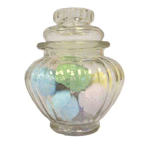 Candy Jars, Pumpkin Style, clear ribbed glass jar with a lid, filled with pastel coloured sweets