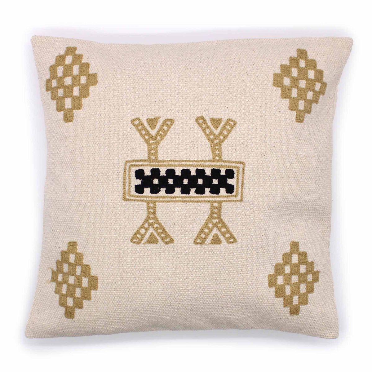 Classic Cushion Cover, Berber Design, 45x45cm, square cream cover with ochre and black geometric motifs, front view