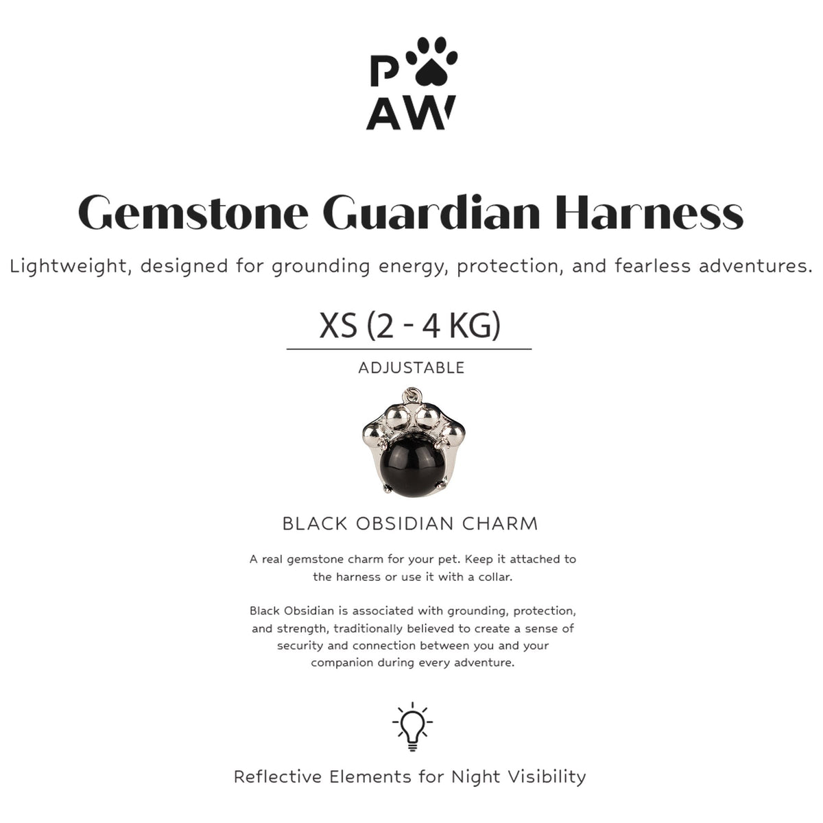 Harness feature card showing the XS size and charm