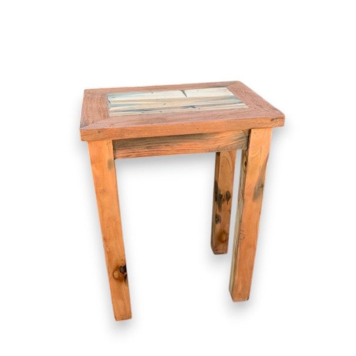 Recycled wood table stand against a plain white background, viewed from the front with its striped top visible