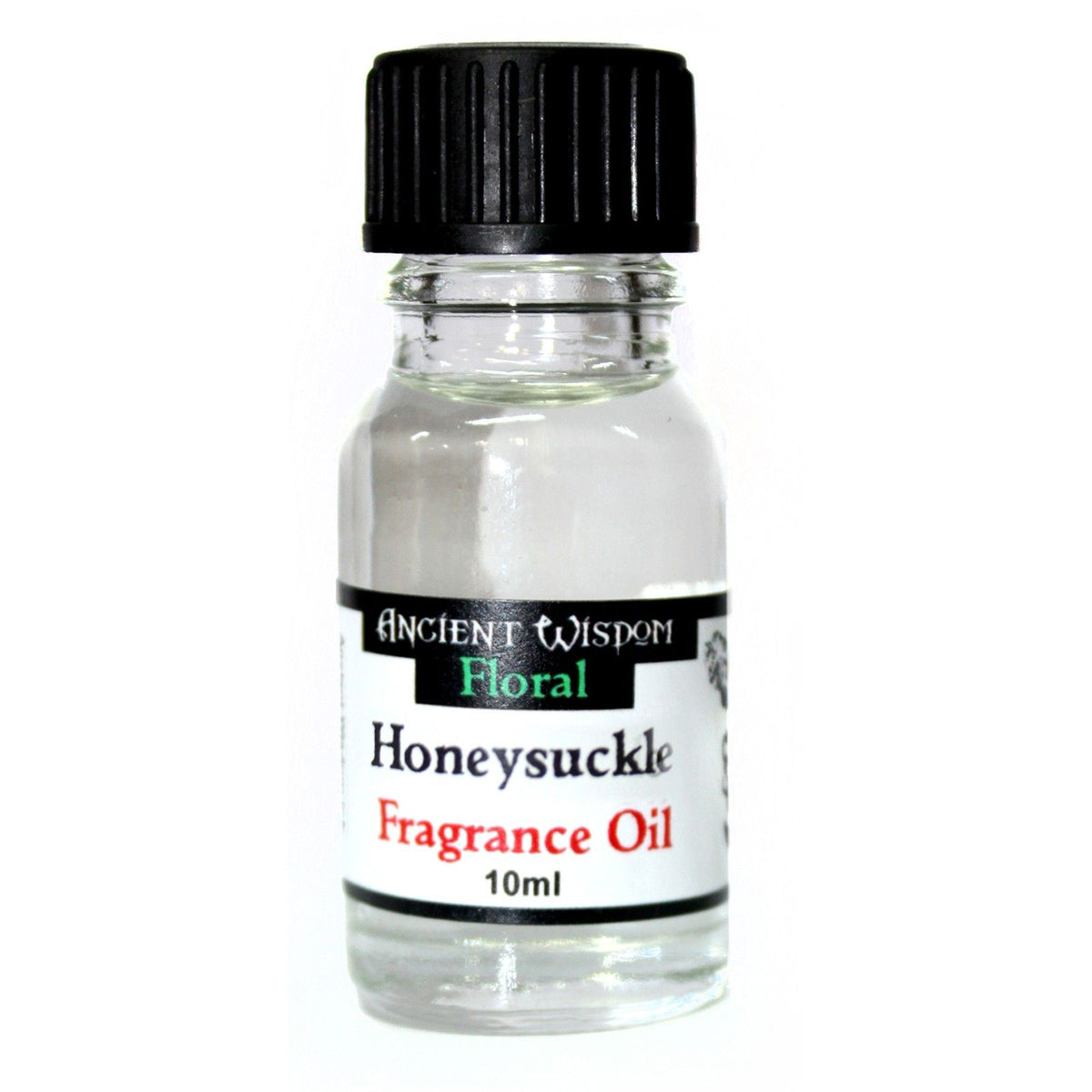 10ml Honeysuckle Fragrance Oil in a clear glass bottle with a black cap, front label visible