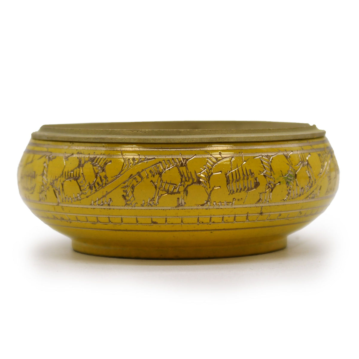 Chakra Charcoal Incense Jar, Solar Plexus, a golden yellow jar with engraved decoration, shown from the front