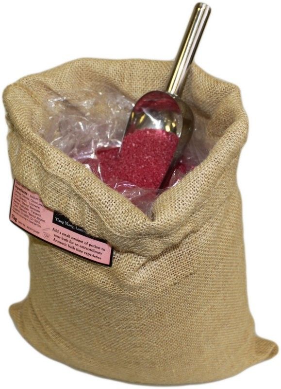 Passion Potion 7kg Hessian Sack, open sack with red bath potion in a clear liner and metal scoop