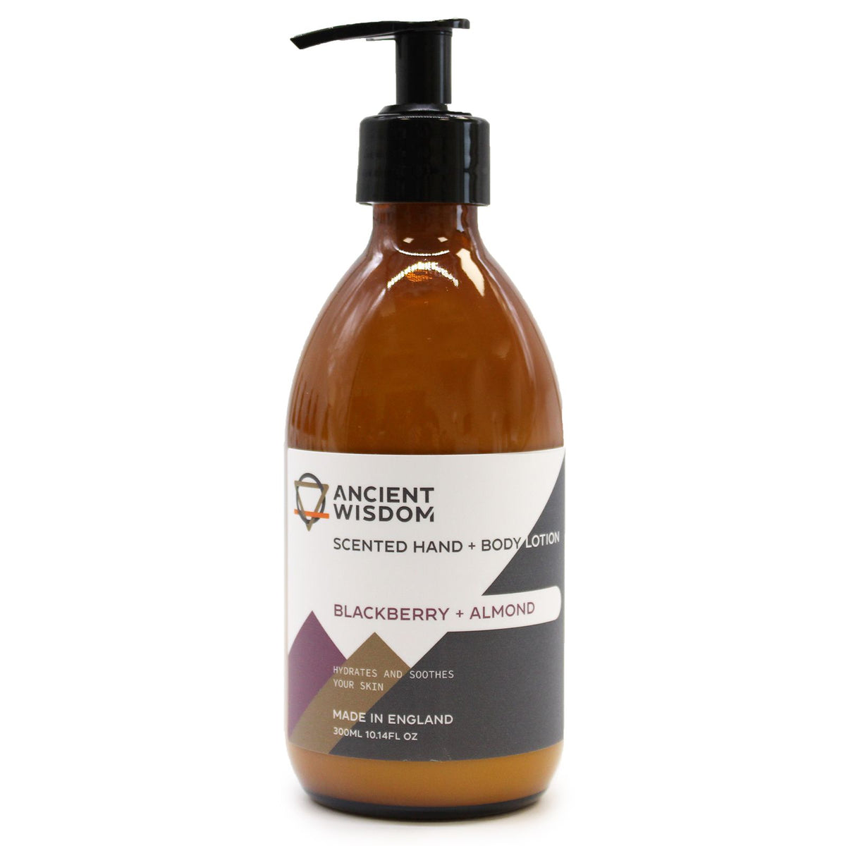 Blackberry & Almond Lotion 300ml in an amber bottle with a black pump, shown from the front