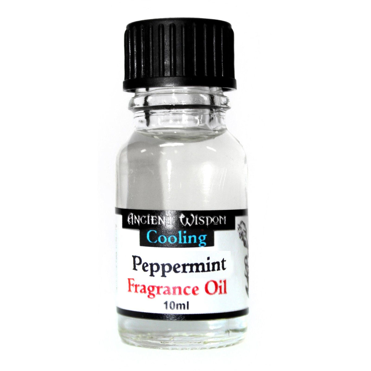 10ml Peppermint Fragrance Oil in a clear glass bottle with a black cap, front label showing Peppermint