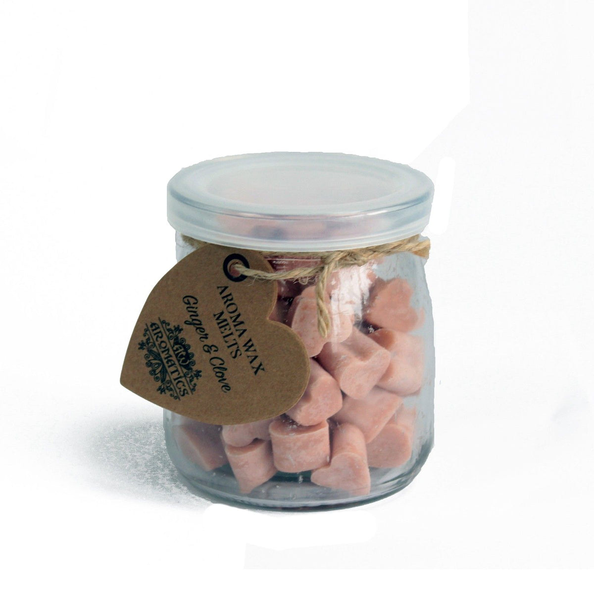 Pink wax melts in a clear lidded jar with a brown heart-shaped tag, shown against white