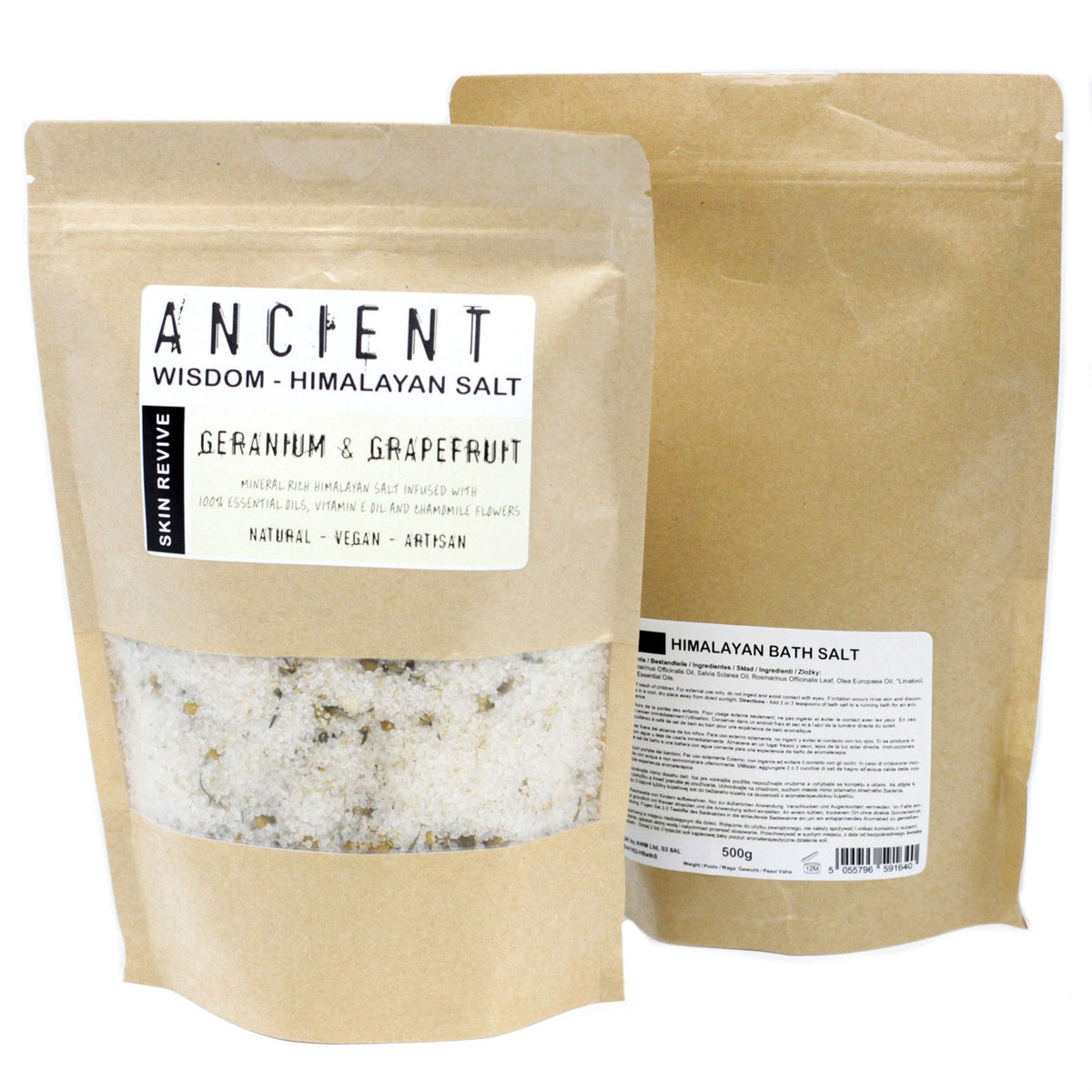 Himalayan Bath Salt Blend 500g, Skin Revive in a kraft pouch, front and back shown with labels and salt visible
